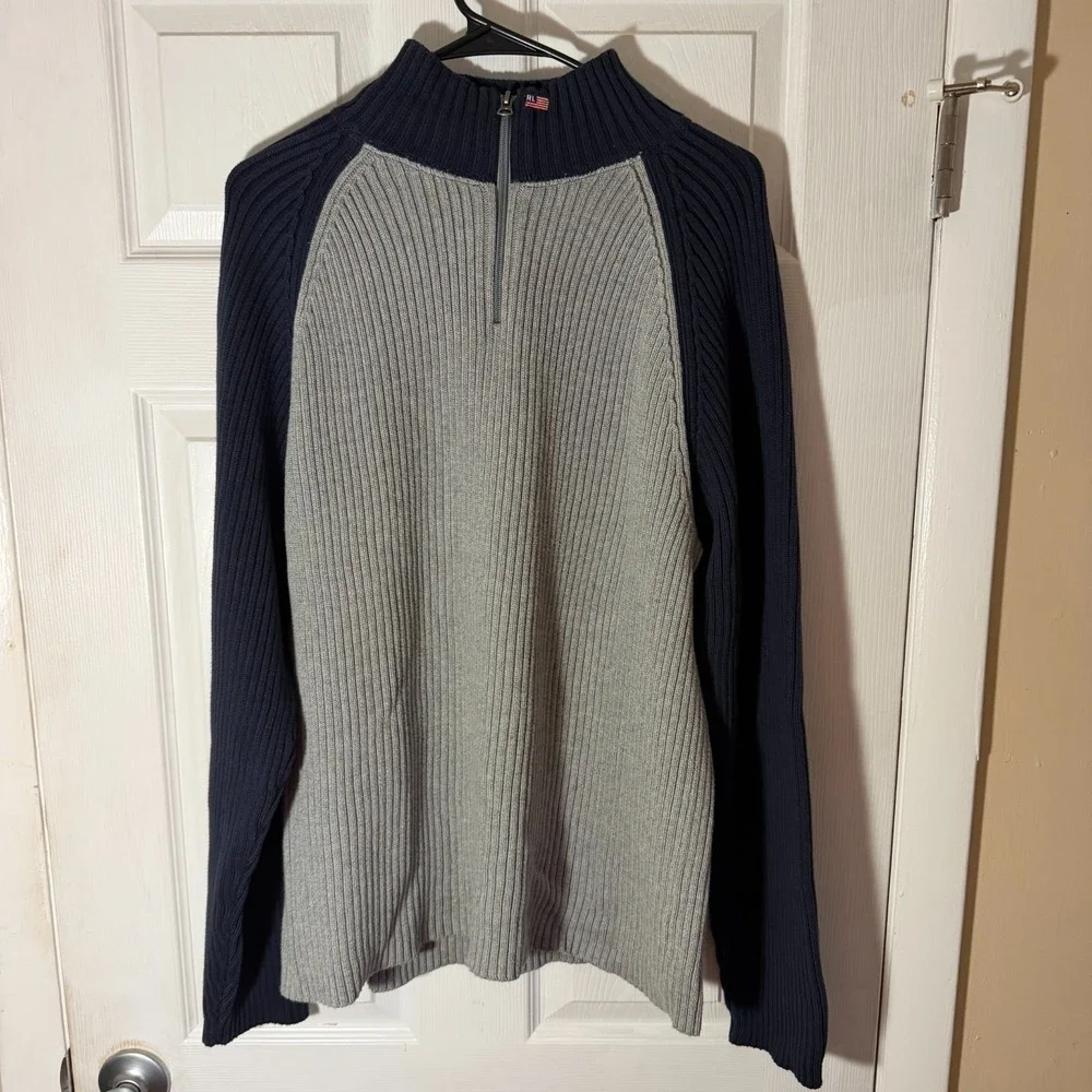 Polo Ralph Lauren Sweater Men's Large Navy Grey Quarter Zip Long Sleeve Vintage